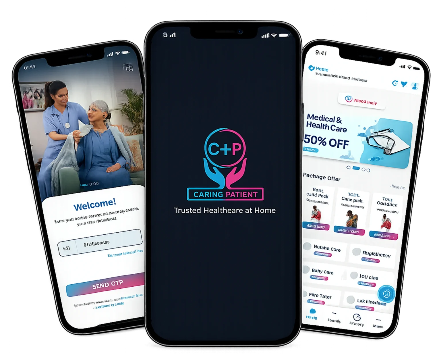 Caring Patient mobile app screens