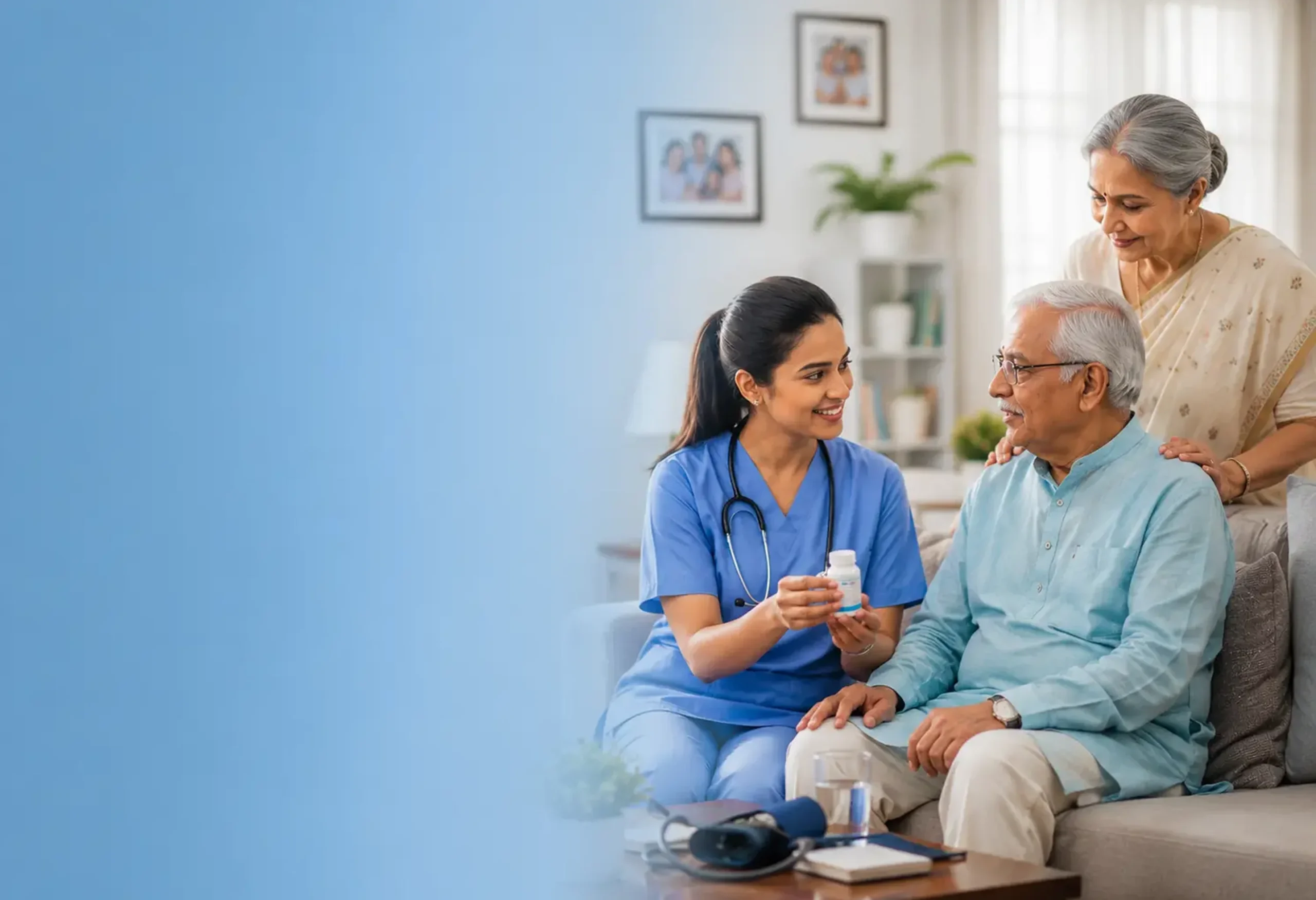 Caring Patient nurse supporting an elderly patient at home